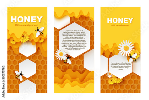 Honey banner vector template set. Paper cut honeycombs with flowing sweet honey, cute bees flying over flowers and collecting nectar, copy space.