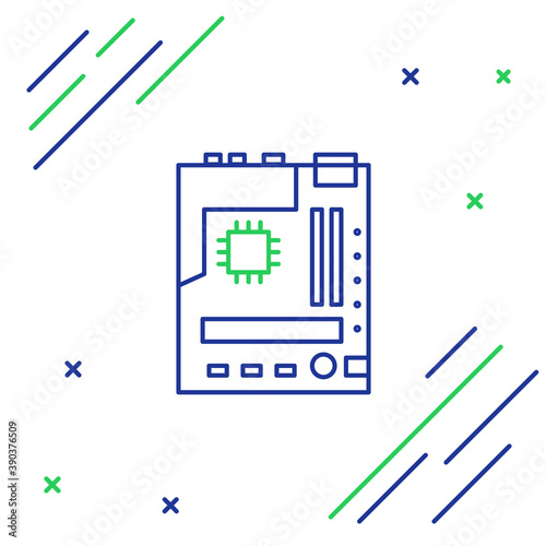 Line Electronic computer components motherboard digital chip integrated science icon isolated on white background. Circuit board. Colorful outline concept. Vector.