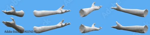 Set of white stone statue hand renders isolated on blue, lights and shadows distribution example for artists or painters - 3d illustration of objects photo