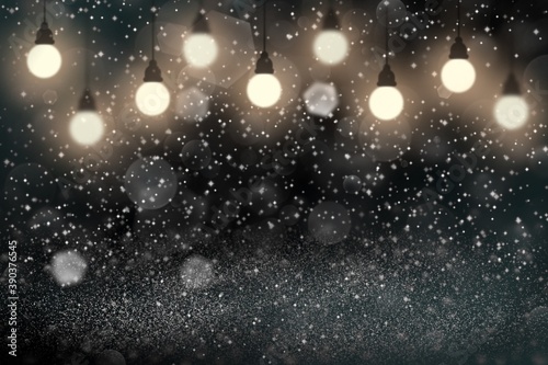 light blue beautiful sparkling glitter lights defocused light bulbs bokeh abstract background with sparks fly, festive mockup texture with blank space for your content