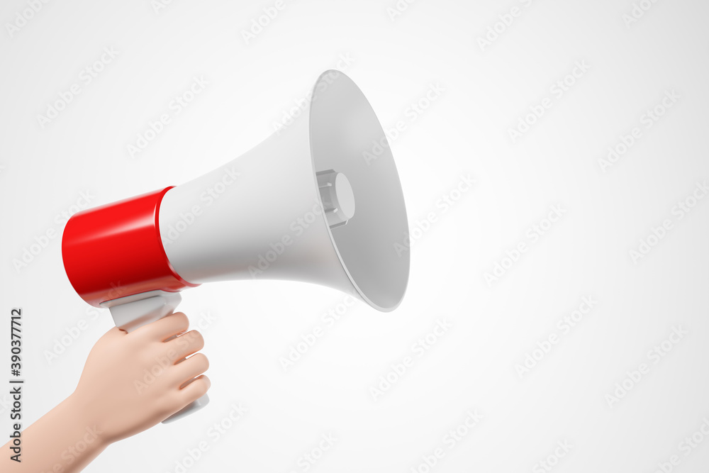 Cartoon hand holding red megaphone loudspeaker over white background. Cartoon hand holding red megaphone loudspeaker over white background.