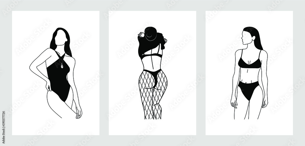 Set of stylish faceless ladies. Contemporary hand drawn minimalist posters, elegant wall art decor. Beautiful female bodies, girls in swimwear for print. Vector fashion illustration Set of stylish faceless ladies. Contemporary hand drawn minimalist posters, elegant wall art decor. Beautiful female bodies, girls in swimwear for print. Vector fashion illustration