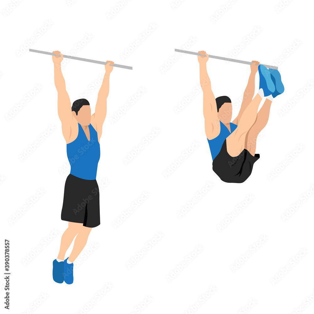 Man doing hanging leg raises to bar flat vector illustration. Abdominals exercise isolated on white background Man doing hanging leg raises to bar flat vector illustration. Abdominals exercise isolated on white background