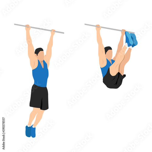 Man doing hanging leg raises to bar flat vector illustration. Abdominals exercise isolated on white background