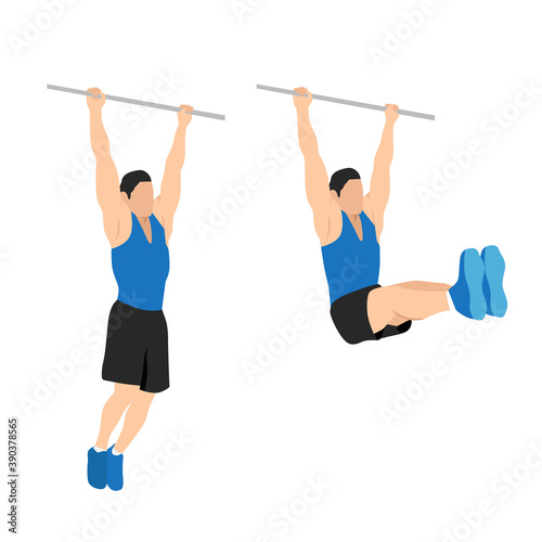 Man doing hanging leg raises to bar flat vector illustration. Abdominals exercise isolated on white background