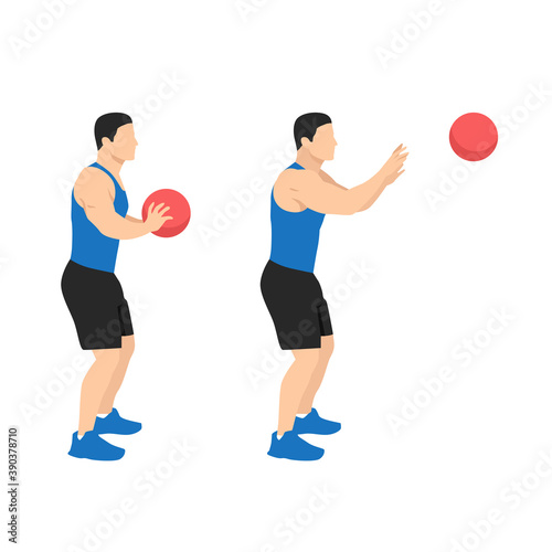 Man doing medicine ball chest pass exercise flat vector illustration isolated on white background