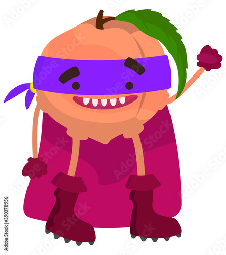 Funny fruit superhero. Peach in cartoon style.