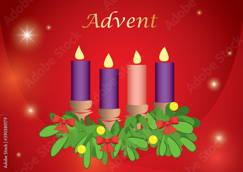 red festive background with 4 advent candles - vector illustration