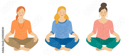 Meditating young white women in sitting meditation pose - set of three.