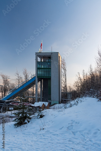 Ski jumping tower in Wisla in Beskid Slaski mountains in Poland photo