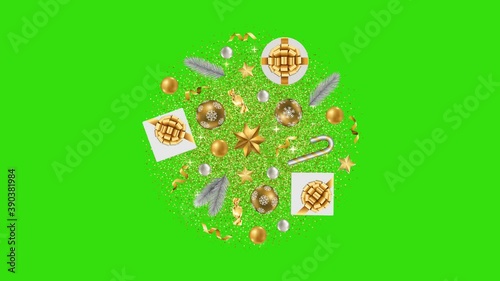 Merry Christmas and Happy New Year looping animation with Alpha Channel. Luxury seamless video mock up, template for greeting, winter holiday cards, posters and covers with text place. photo