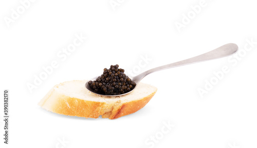 Snack with black caviar isolated on white background