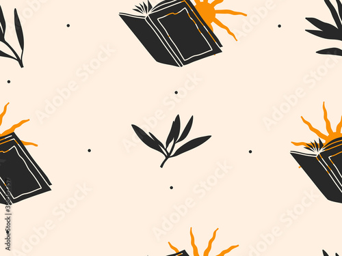 Hand drawn vector abstract flat stock graphic icon illustration line art seamless pattern with celestial sun,books and flower leaves, mystic and simple collage shapes isolated on color background.