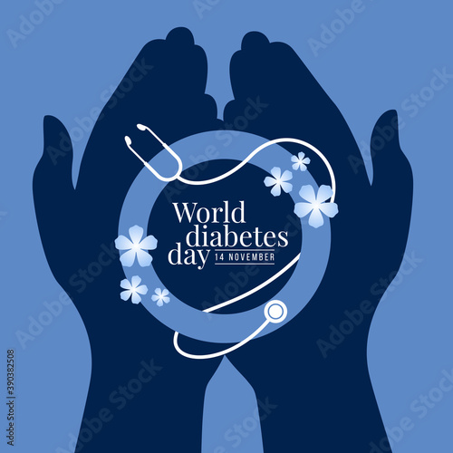 World diabetes day - hand hold blue circle ring sign with flower and stethoscope vector design