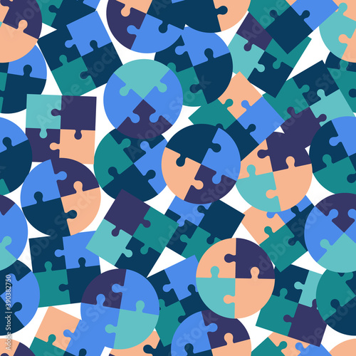 Seamless pattern of pieces of vector puzzle in different colors. Children's educational games. For paper, covers, fabric, gift wrapping.