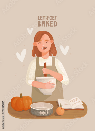 A cheerful girl in an apron mixes ingredients in a bowl. Wooden table, pumpkin, apple. Baking dish and recipe book. Let's get baked lettering. Hand-drawn vector illustration. Cozy mood, homemade cakes