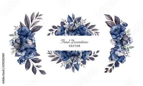 Set of watercolor floral arrangements of navy blue roses and leaves. Botanic decoration illustration for wedding card, fabric, and logo composition