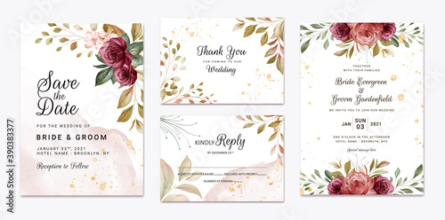 Floral wedding invitation template set with brown and burgundy roses flowers and leaves decoration. Botanic card design concept