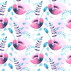 Acrylglasbilder Mohnblumenmuster Rosa Mohnblumen Sommermuster Aquarell  © Lena