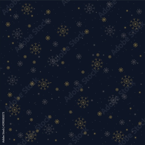 Merry Christmas seamless pattern. Golden snow falling on dark blue night sky background. Winter snowfall magic texture. New year decoration. Card fabric wallpaper wrapping design. Vector illustration.