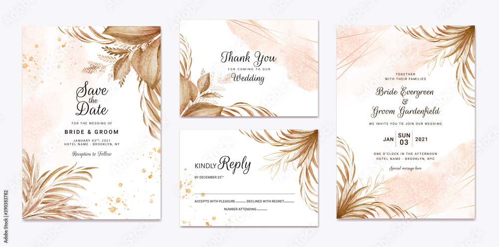 Wedding invitation template set with brown and peach dried floral and leaves decoration. Botanic card design concept Wedding invitation template set with brown and peach dried floral and leaves decoration. Botanic card design concept