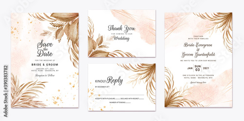 Wedding invitation template set with brown and peach dried floral and leaves decoration. Botanic card design concept
