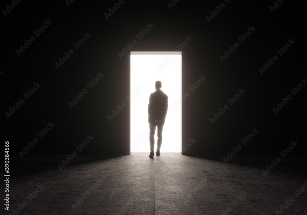 3D rendering illustration of man silhouette in front of door shape walking trough light 3D rendering illustration of man silhouette in front of door shape walking trough light