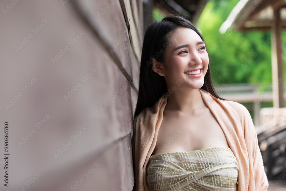 Fototapeta premium Sexy Woman Wear Traditional Dress Happy Smiling, Smiling Asian Woman, Sexy Beautiful Girl