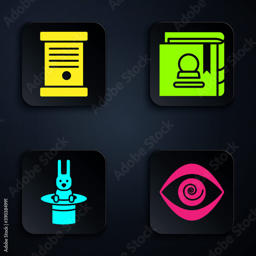 Set Hypnosis, Decree, paper, parchment, scroll, Magician hat and rabbit and Ancient magic book. Black square button. Vector.
