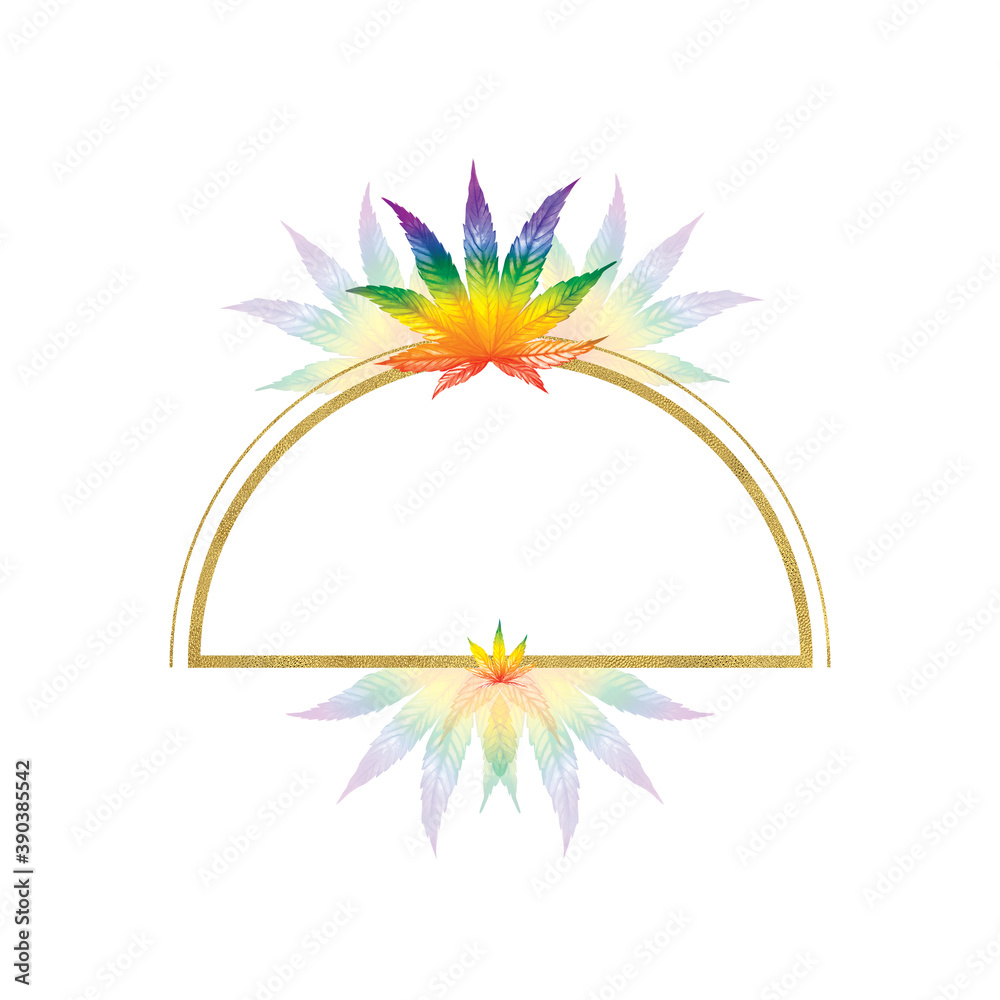 Obraz premium Semi-circular frame with rainbow hemp leaves and gold edging. Watercolor illustration on a white background.