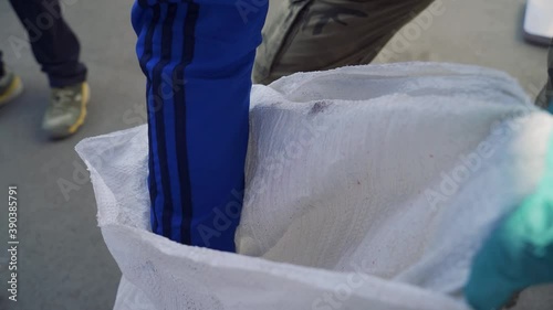 The pickled wheat in the bag is red. Hand in a glove takes wheat