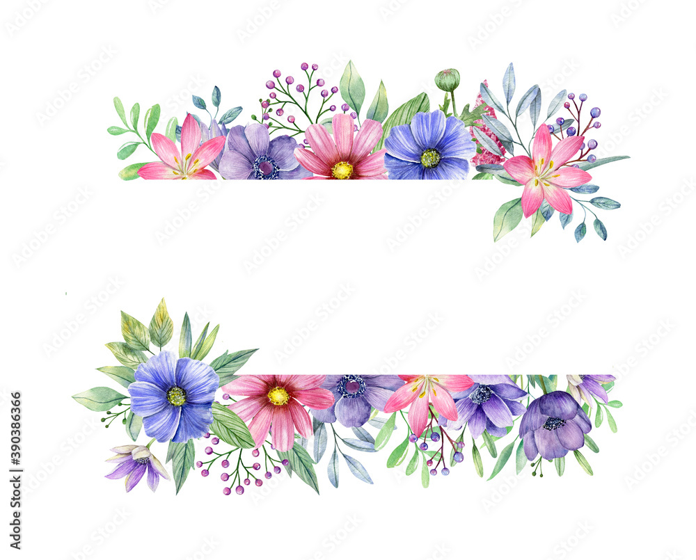 Watercolor wildflowers, leaves and berries rectangular frame isolated on white background. Hand drawn summer illustration