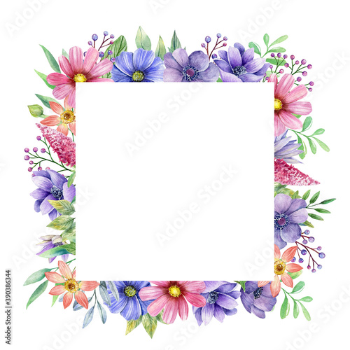 Watercolor wildflowers square frame  floral border. Violet and pink summer flowers decoration  temlate for invitatiuon  card design. Illustration isolated on white background
