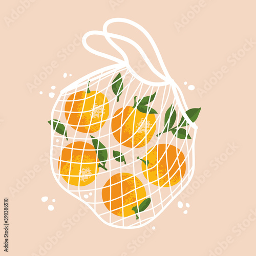 Vector illustration of bright oranges in reusable grocery shopping bag