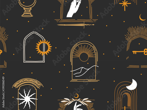 Hand drawn vector abstract flat stock graphic icon illustrations seamless pattern with celestial moon phases,sun and stars in arch mystic and simple collage shapes isolated on black background