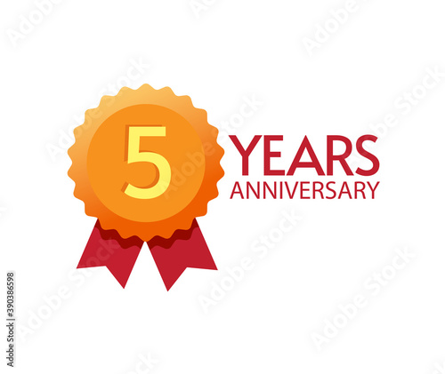 5 years anniversary icon badge vector flat symbol, 5th number on modern golden rosette award design, five birthday party trendy symbol clipart