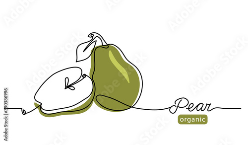 Pear minimal vector line illustration. Single lineart drawing illustration with lettering organic pear.