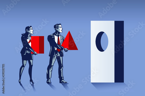Business Woman and Businessman Carry Wrong Shape Illustration Concept