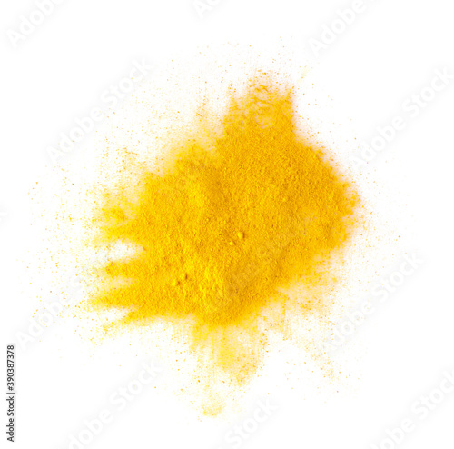 Dry turmeric powder isolated on white background. Top view