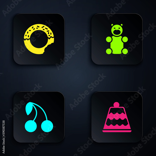 Set Cake, Donut, Cherry and Jelly bear candy. Black square button. Vector.