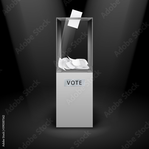 Illustration of the Realistic Ballot Box with Voting Paper in Hole. Voting Transparent Container with a Falling Ballot Paper. Art Design Glass Case is on Museum Pedestal, Stage on Black Background