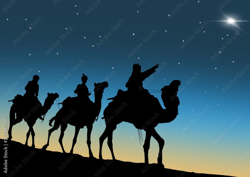 Three wise men sunrise background black silhouette Three wise men sunrise background black silhouette