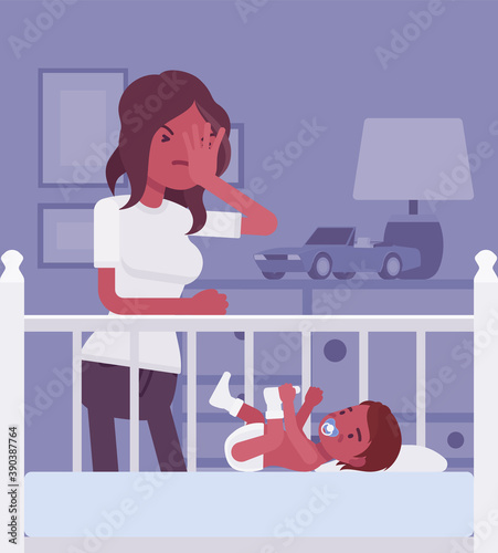 Postpartum depression, black mum feeling sad, fatigued, baby blues symptoms. Young tired mother having mood swings standing at baby crib of not sleeping kid. Vector flat style cartoon illustration