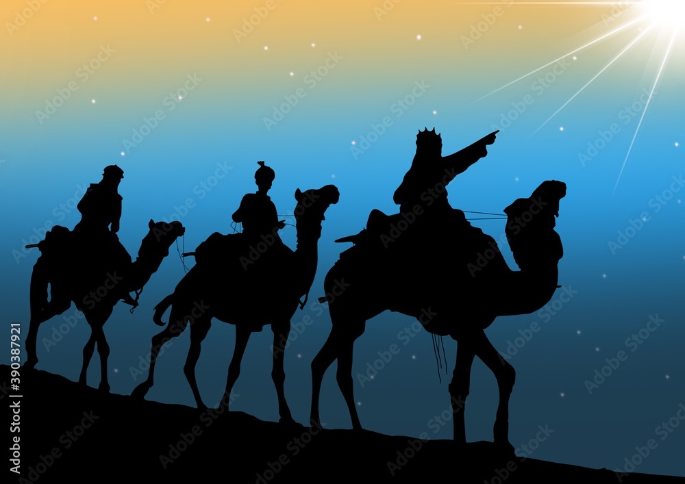 Three wise men sunrise background black silhouette Three wise men sunrise background black silhouette
