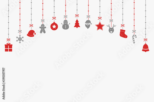 Christmas card with hanging icons. Xmas decoration. Vector