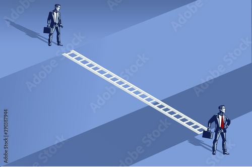 Businessman Ready to Walk Through Ladder Above Deep Gap Illustration Concept photo