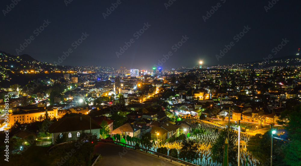 Night panoramic view of Sarajevo city. Bosnia and Herzegovina
