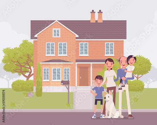 Happy family standing in front of own house. Homeowners dream, new property building for parents and kids, real estate, lovely home, cottage mortgage agreement. Vector flat style cartoon illustration