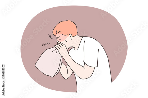 Panic attack, mental stress, anxiety concept. Mentally stressed nervous man teenager cartoon character breathing in paper bag trying to calm down. Neurosis symptoms or dyspnea seizure and hysterics.