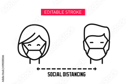 Man and Woman in medical face protection mask. Keep your social distance banner. Social distancing line icon. Man and woman wearing disposable medical masks against each other.
